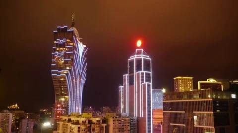 Grand Lisboa in Macau at Night Stock Footage 82869646