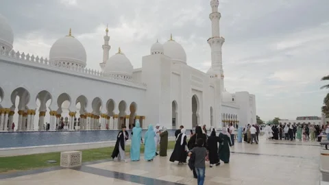 Grand Mosque of Sheikh Zayed in Abu Dhabi with domes, minarets and visitors Vídeos de archivo 331343049