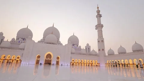 The grand mosque at twilight. Arab architecture with minaret and dome. Stock Footage 330882516