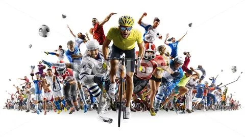 Grand olimpic sports collage soccer basketball hockey baseball american football Stock Photos