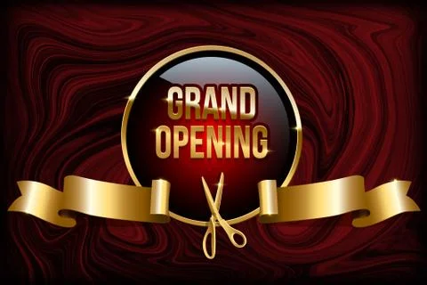 Grand opening design concept. Vector golden ring, scissors and ribbon on red Stock Illustration