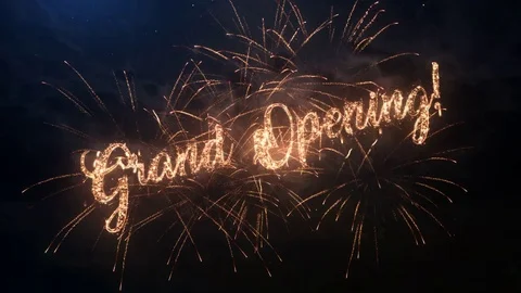 Grand Opening greeting text with colored slow motion fireworks Stock Footage 85193648