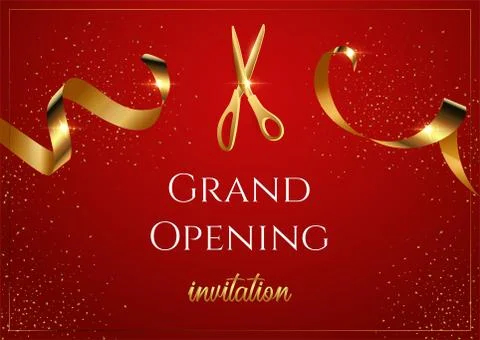Grand opening invitation red vector banner. Shiny scissors cutting golden ribbon 스톡 일러스트