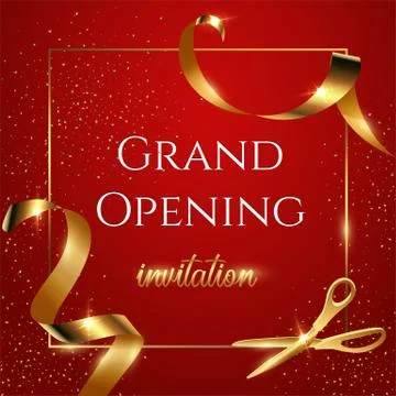 Grand opening invitation red vector banner. Shiny scissors cutting golden ribbon Stock Illustration