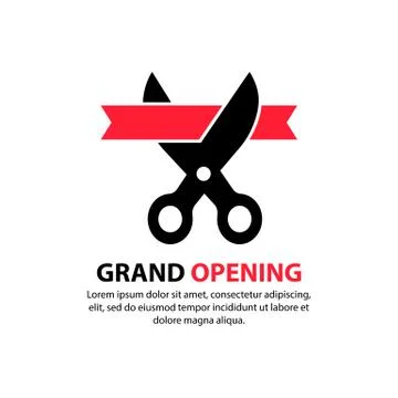 Grand opening. Scissors cut the red ribbon. Inauguration icon. Concept of inv Stock Illustration