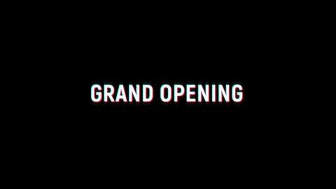 Grand opening text notification glitch effect animation on black background Stock Footage 313439146