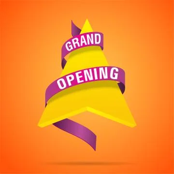 Grand Opening vector Banner design with Yellow Arrow and Purple Ribbon Stock Illustration