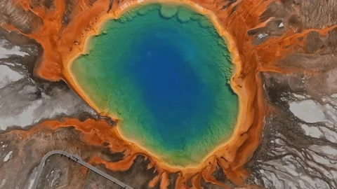 Grand Prismatic Spring view at Yellowstone National Park. Aerial scenic 4k video Stock Footage 214078288
