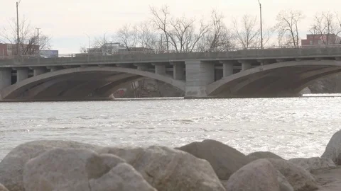 Grand Rapids Rocks River and Bridge Stock Footage 85365828