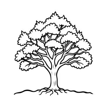 Grand Rounded Tree with Deep Roots – Black &amp; White Printable design Stock Illustration
