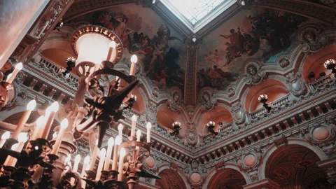 Grand Staircase ceiling and candelabra inside Opera Garnier, 4K Stock Footage 344972873