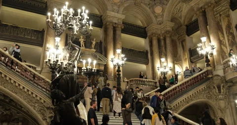 Grand staircase inside the Opéra Garnier featuring tourists Stock Footage 329165284