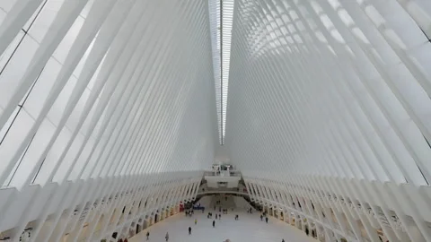 Grand symmetrical interior of Oculus transit hub Stock Footage 333184473