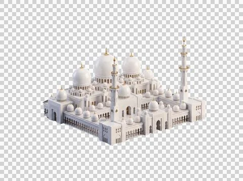 Grand white mosque 3D isometric model featuring domes and minarets on gray .. Ilustração Stock