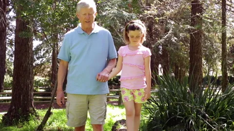 Grandchild  Walks on Log while Holding Grandfather's Hand Stock Footage 47975321
