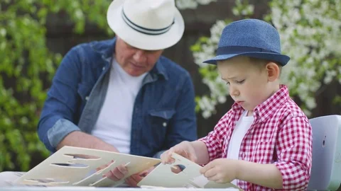 Granddad is playing with his grandson in the backyard Stock Footage 78536962