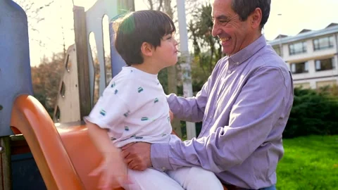 Grandfather and grandson playing on slide Stock Footage 302976053