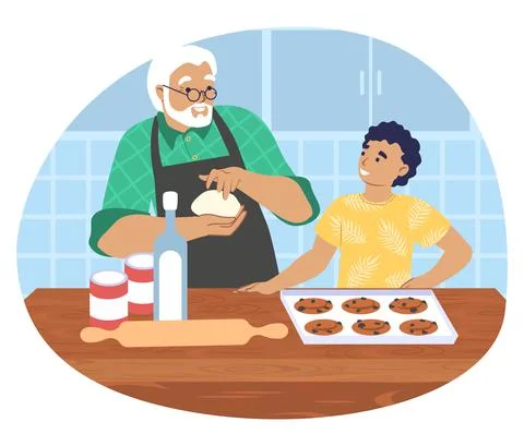 Grandfather cooking with grandson in kitchen, vector illustration. Grandparent Stock Illustration