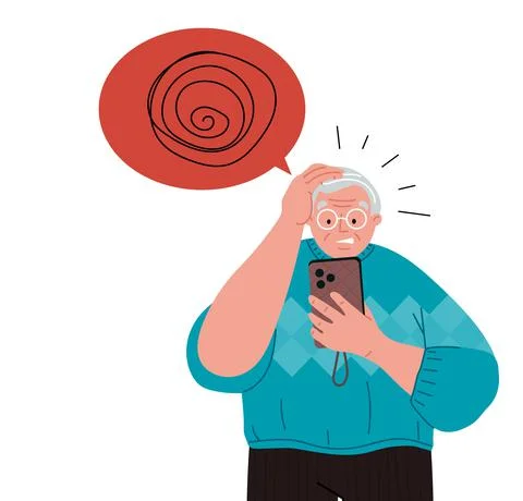 Grandfather has a problem with mobile phone,technology,gadget.Vector illustra Stock-Illustration