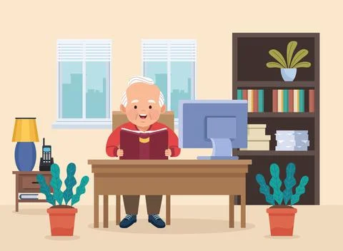 Grandfather studing in desktop 스톡 일러스트