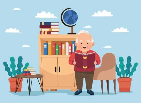 Grandfather studing in library Stock Illustration