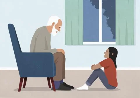 Grandfather with white beard talking face to face with granddaughter in living Stock Illustration