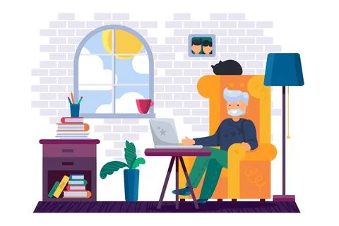 Grandfather working on computer at home vector Stock Illustration
