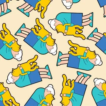 Grandma and cat pattern seamless. grandmother loves pet background . granny a Stock Illustration