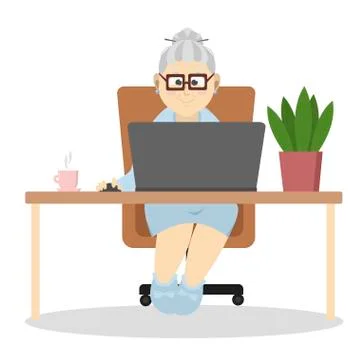 Grandma at the computer illustration on white background Stock Illustration