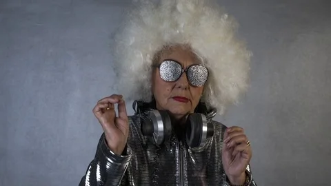 Grandma dj cool woman retired elderly music party dancer Stock Footage
