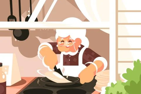 Grandma in kitchen cooking dinner Stock Illustration