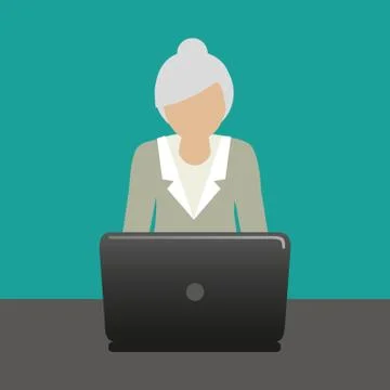 Grandma with laptop is working with computer Stock Illustration