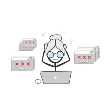 Grandma panic system error. Vector simple old generation with computers Stickman 스톡 일러스트