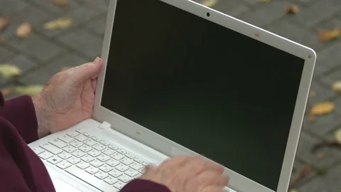 Grandma is typing on a laptop. Video stock 69896342