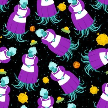 Grandmother alien pattern seamless. Green Grandma Tentacles ornament. UFO gra 스톡 일러스트