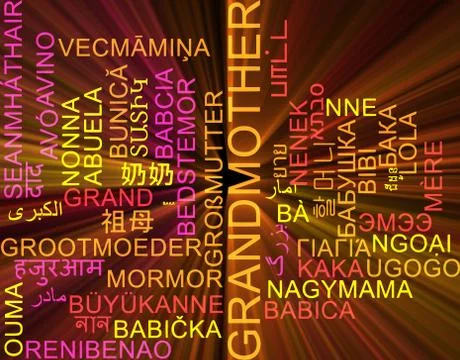 Grandmother multilanguage wordcloud background concept glowing Stock Illustration