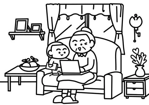 Grandmother using Notebook coloring pages style. Illustrazione stock