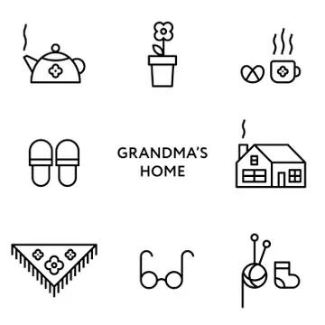 Grandmothers home. Set of flat line icons Stock Illustration