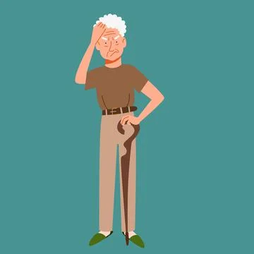 Grandpa with a cane thinks, tries to remember. An elderly character with Stock Illustration