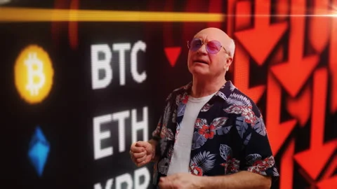 Grandpa dancing and singing in front of bitcoin crash chart, buying opportunity Stock Footage 307196545