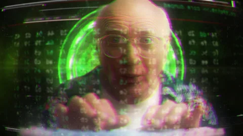 Grandpa hacker hijacking spaceship in sci-fi engine core room, glitchy screen Stock Footage 307196209
