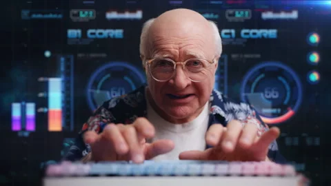 Grandpa hacker remotely controlling spaceship engine room, hacking secure system Stock Footage 307196017