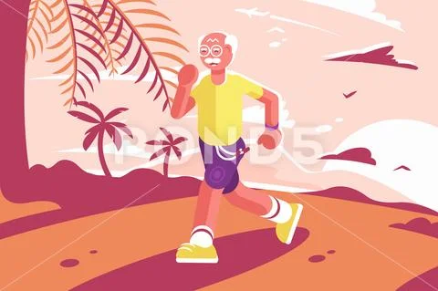 Grandpa at sports suit running at seaside Stock Illustration