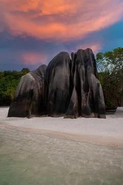 Granite boulders at Anse Source dArgent, La Digue at sunset Stock Photos
