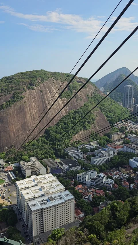 Granite Cliff and Urca Rooftops From Descending Gondola, Pão de Açúcar, Brazil Stock Footage 306488051