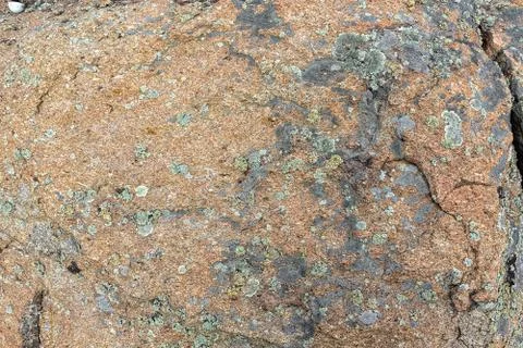 Granite rock with moss background. Background of stone surface. Textured proc Stock Photos
