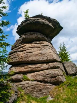 Granite rocking stone Mushroom in Jizera Mountains, Czech Republic Stock Photos