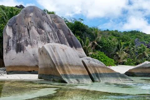 Granite rocks at beautiful anse source d'argent Stock Photos