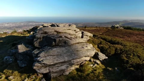 Granite rocks at the summit of Three Rock Mountain in County Dublin, Ireland. Stock Footage 168706027
