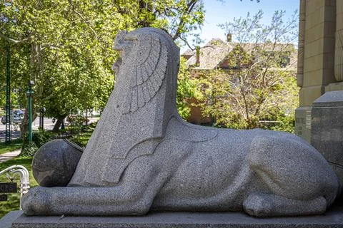 Granite Sphinx With an Orb Statue in Front of Masonic Temple Stock Photos